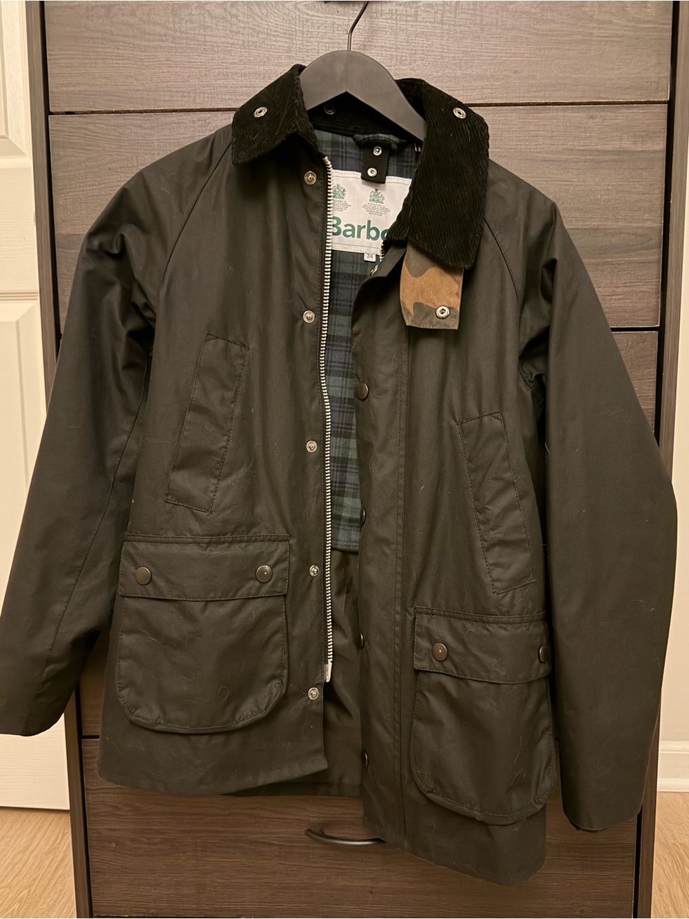 Barbour women Black Waxed Cotton Jacket with Corduroy Collar